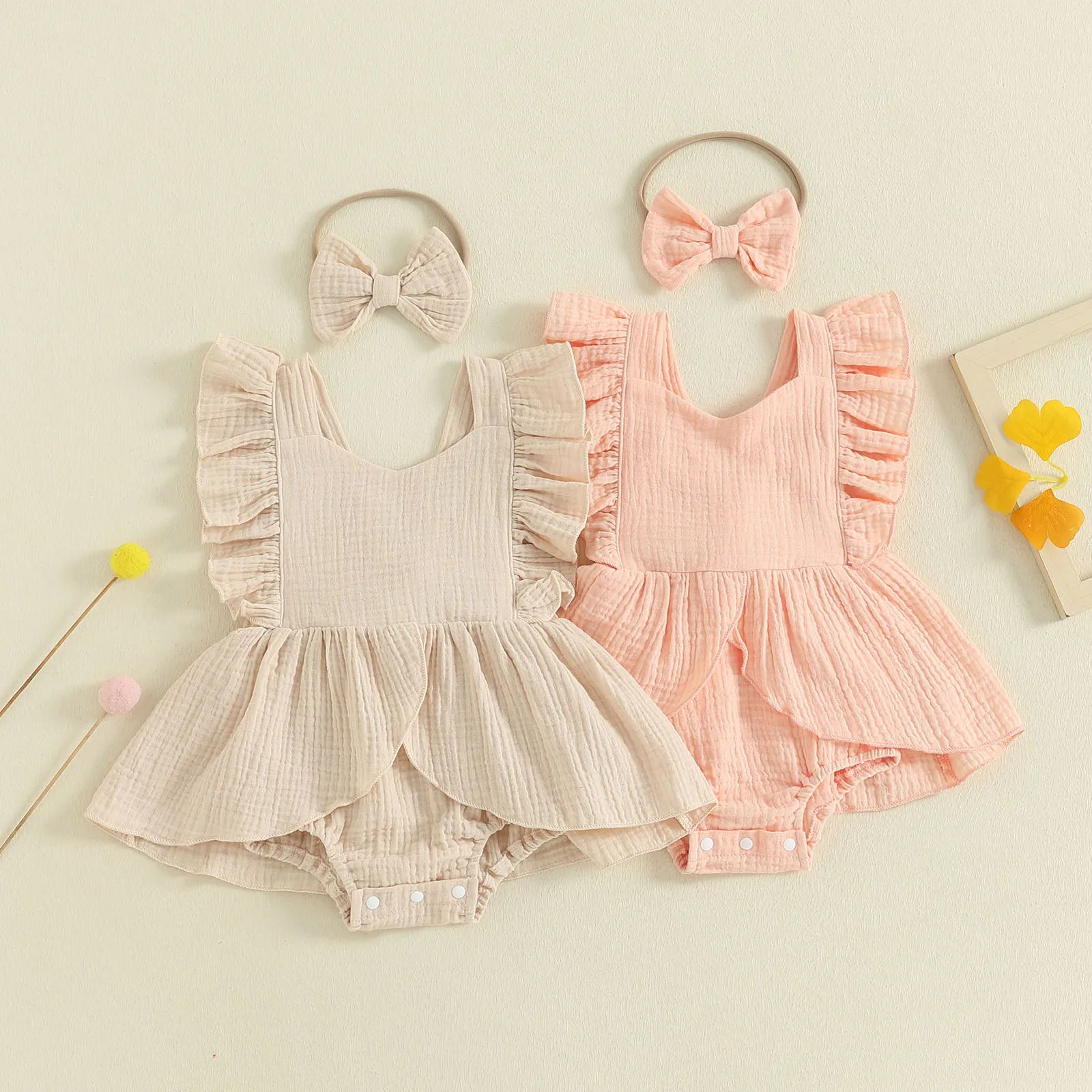 FOCUSNORM 0-18M Lovely Baby Girls Romper Dress Square Neck Flying Sleeve Solid Color Jumpsuits with Bow Headband Set