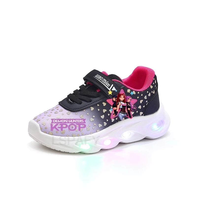 Kpop Demon Hunter Kids'Casual Shoes Girls Led Light Cartoon Fashion Sport Flat Bottom Shoes Breathable Purple Pink