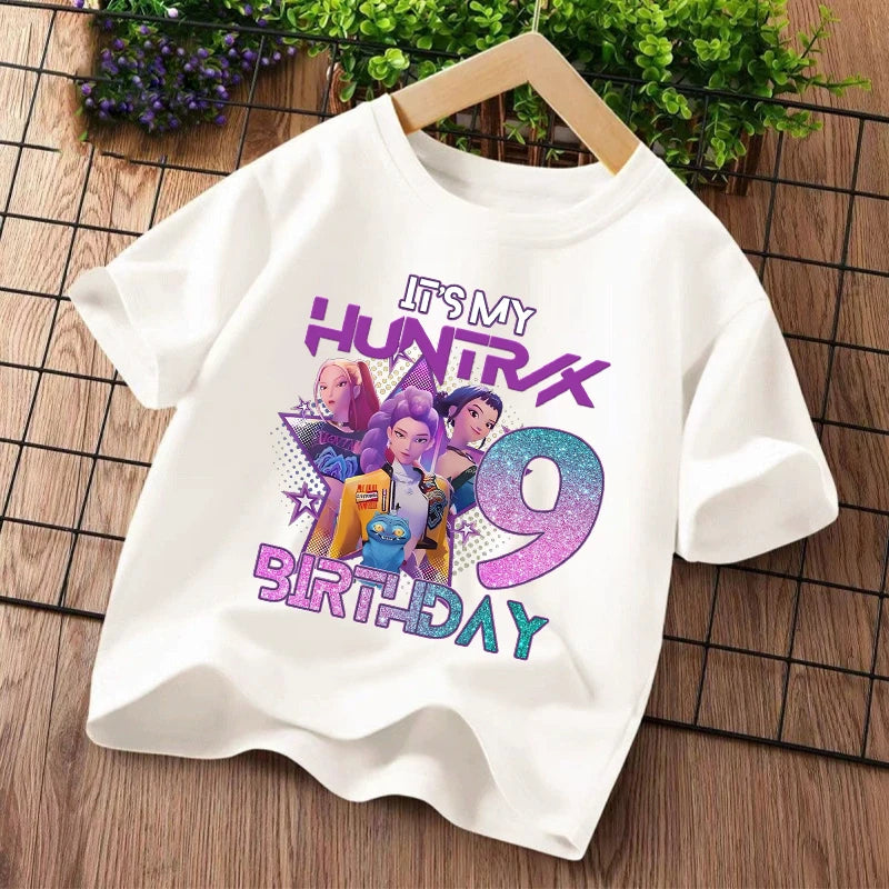 K Pop Demon Hunters Kids T-shirt Kawaii Cartoon Birthday Number1-9  Printed Tops Girls Tee Summer Short Sleeve Children Clothing