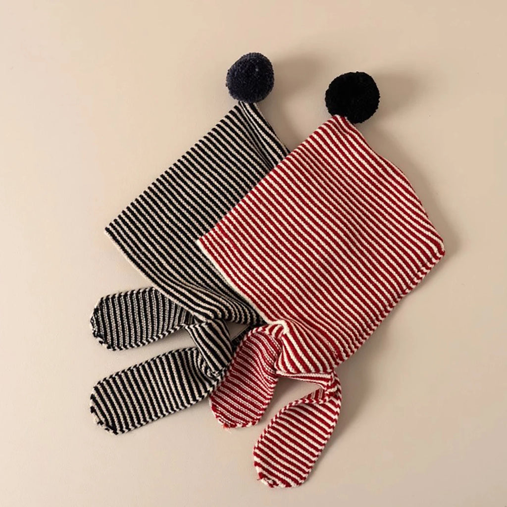Korean Striped Baby Balaclava Hat Winter Knitted Hood Scarf Ear Protection Warm Bomber Cap Kids Boy Girl Beanies
