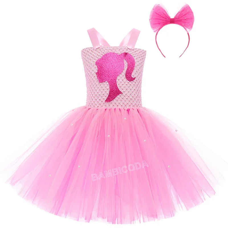 Pink Queen Frocks for Girls New Live-action Bar-b Movie Mesh Princess Dress Holiday Stage Birthday Party Performance Sets