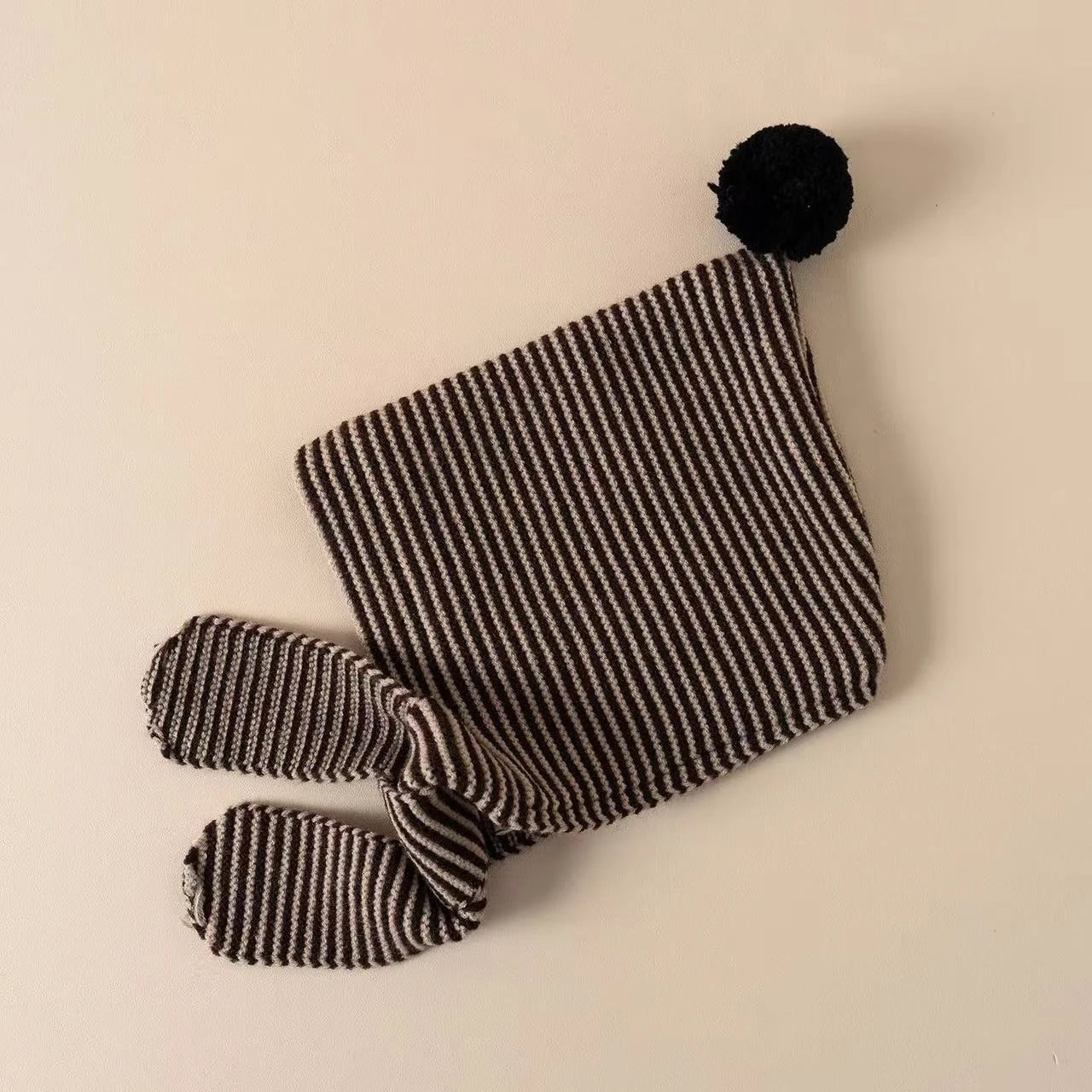 Korean Striped Baby Balaclava Hat Winter Knitted Hood Scarf Ear Protection Warm Bomber Cap Kids Boy Girl Beanies