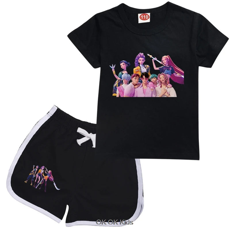 2 Pcs Suit KPop Demon Hunters Rumi Kids Teens Girls T Shirt Shorts 2pcs Sets Toddler Boys Summer Sportsuits Girl's Nightwear Set