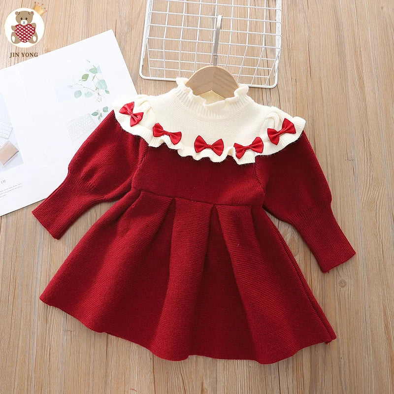 Christmas Kids Autumn Winter Cute Long Sleeve Bow Decoration Sweet Ruffled Princess Dress 1-6 Years Girls Party Fashion Clothes