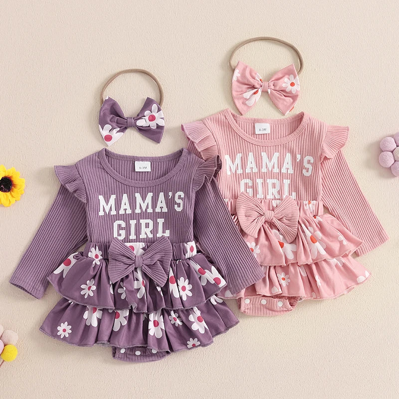 0-18months Baby Girl Outfit Long Sleeve Letters Flower Print Romper Dress Bowknot Headband Infant girls Clothes set