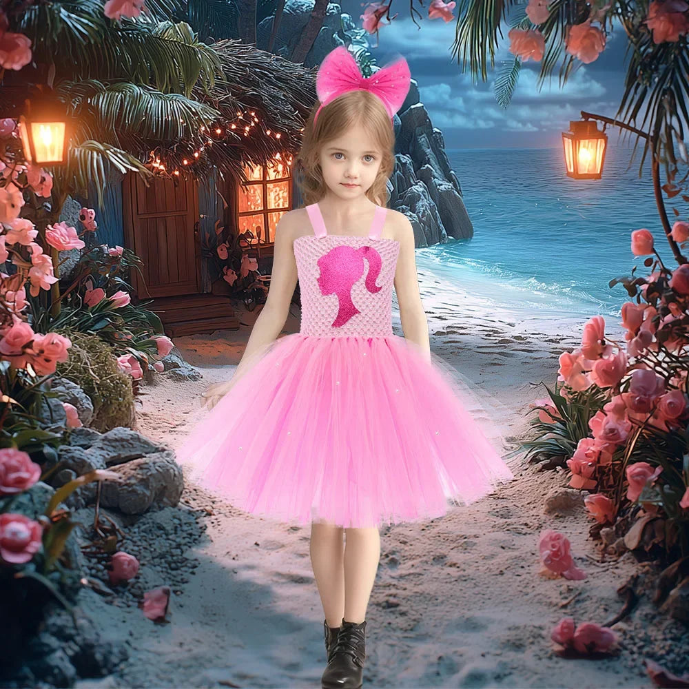 Pink Queen Frocks for Girls New Live-action Bar-b Movie Mesh Princess Dress Holiday Stage Birthday Party Performance Sets