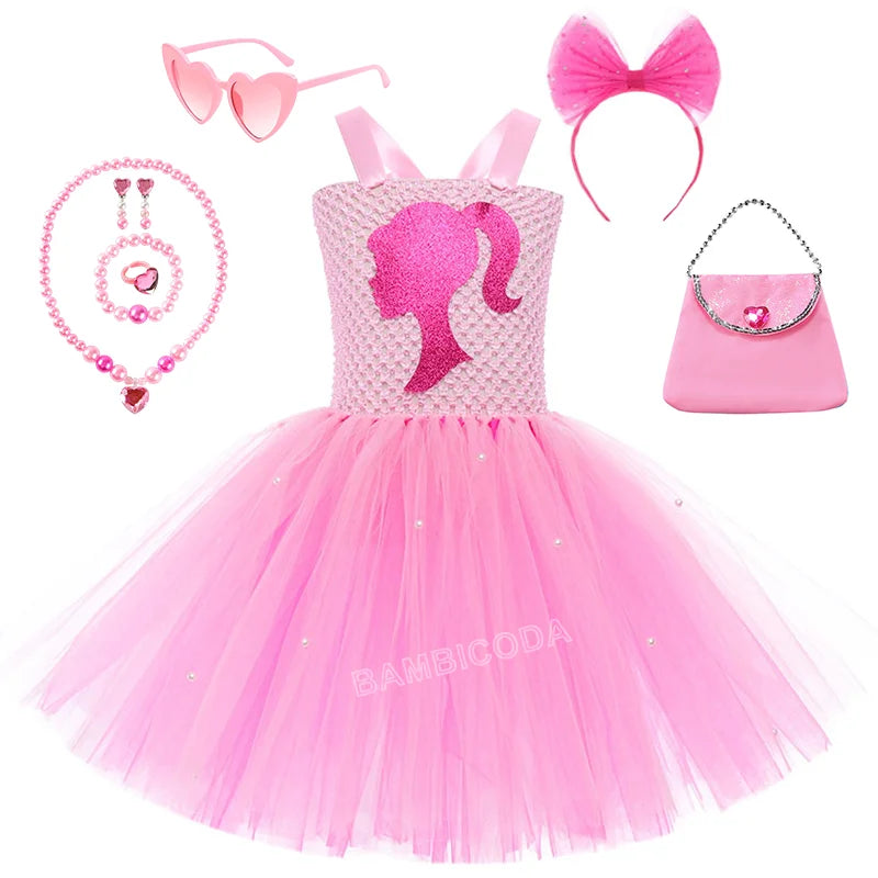 Pink Queen Frocks for Girls New Live-action Bar-b Movie Mesh Princess Dress Holiday Stage Birthday Party Performance Sets