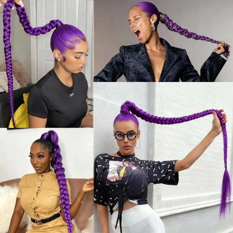 Girl Kpop Groups Purple Braided Ponytail Wig Hair Colored Claws Girls Hunters Big Braids Rumi Cosplay Wigs Hip Hop Dirty Braids