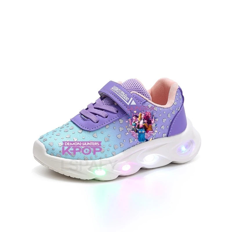 Kpop Demon Hunter Kids'Casual Shoes Girls Led Light Cartoon Fashion Sport Flat Bottom Shoes Breathable Purple Pink