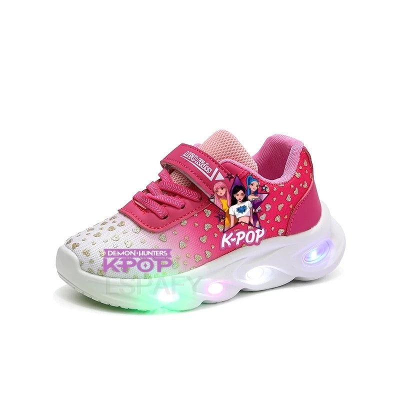 Kpop Demon Hunter Kids'Casual Shoes Girls Led Light Cartoon Fashion Sport Flat Bottom Shoes Breathable Purple Pink