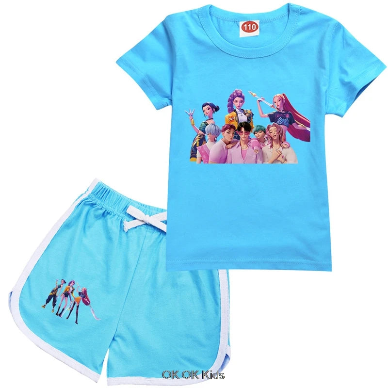 2 Pcs Suit KPop Demon Hunters Rumi Kids Teens Girls T Shirt Shorts 2pcs Sets Toddler Boys Summer Sportsuits Girl's Nightwear Set