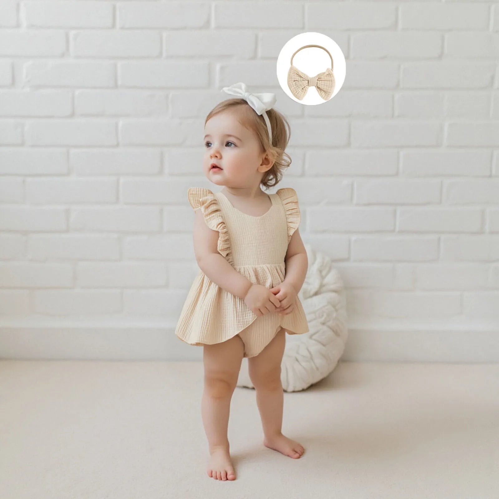 FOCUSNORM 0-18M Lovely Baby Girls Romper Dress Square Neck Flying Sleeve Solid Color Jumpsuits with Bow Headband Set