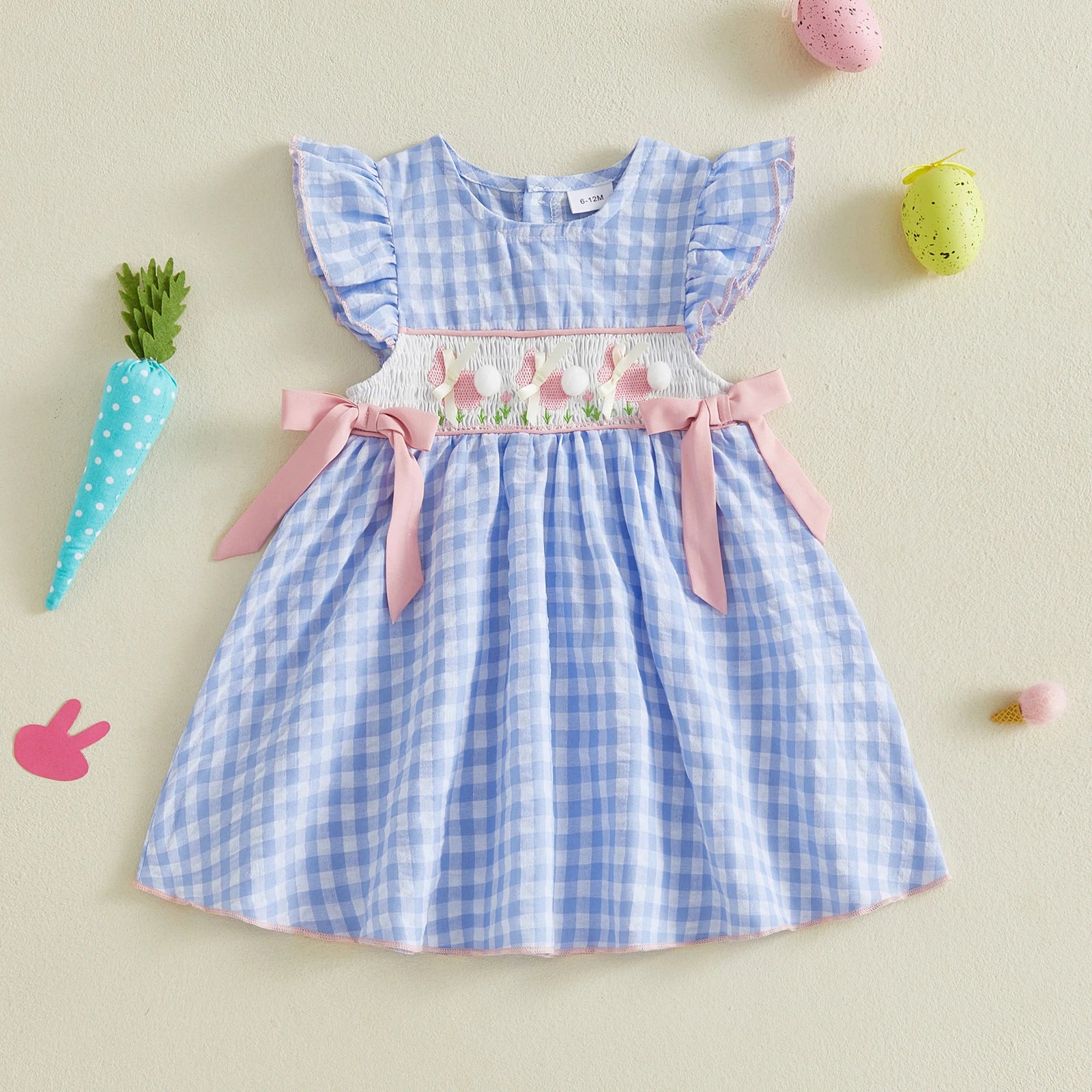 Toddler Baby Girl Easter Dress Flying Sleeve Crew Neck Rabbit Embroidery Plaid Print Bow Decor A Line Dress