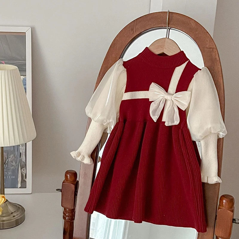 Christmas Kids Autumn Winter Cute Long Sleeve Bow Decoration Sweet Ruffled Princess Dress 1-6 Years Girls Party Fashion Clothes