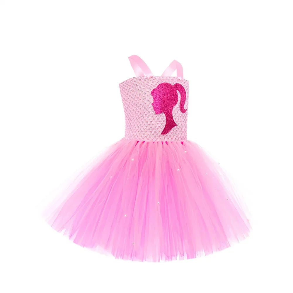 Pink Queen Frocks for Girls New Live-action Bar-b Movie Mesh Princess Dress Holiday Stage Birthday Party Performance Sets