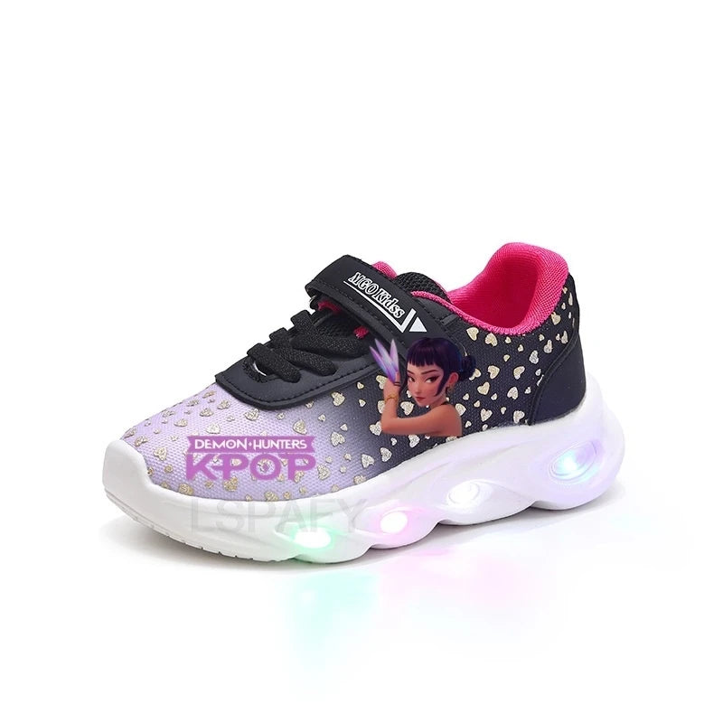 Kpop Demon Hunter Kids'Casual Shoes Girls Led Light Cartoon Fashion Sport Flat Bottom Shoes Breathable Purple Pink