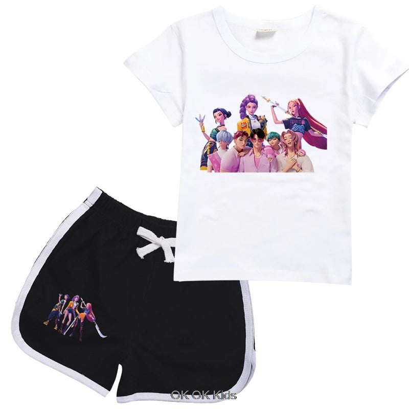 2 Pcs Suit KPop Demon Hunters Rumi Kids Teens Girls T Shirt Shorts 2pcs Sets Toddler Boys Summer Sportsuits Girl's Nightwear Set