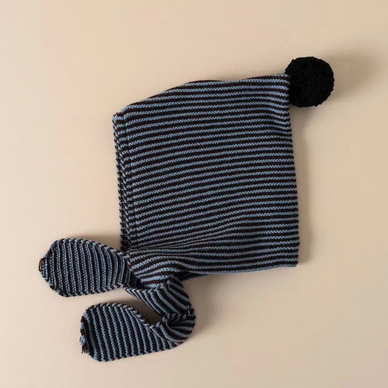 Korean Striped Baby Balaclava Hat Winter Knitted Hood Scarf Ear Protection Warm Bomber Cap Kids Boy Girl Beanies