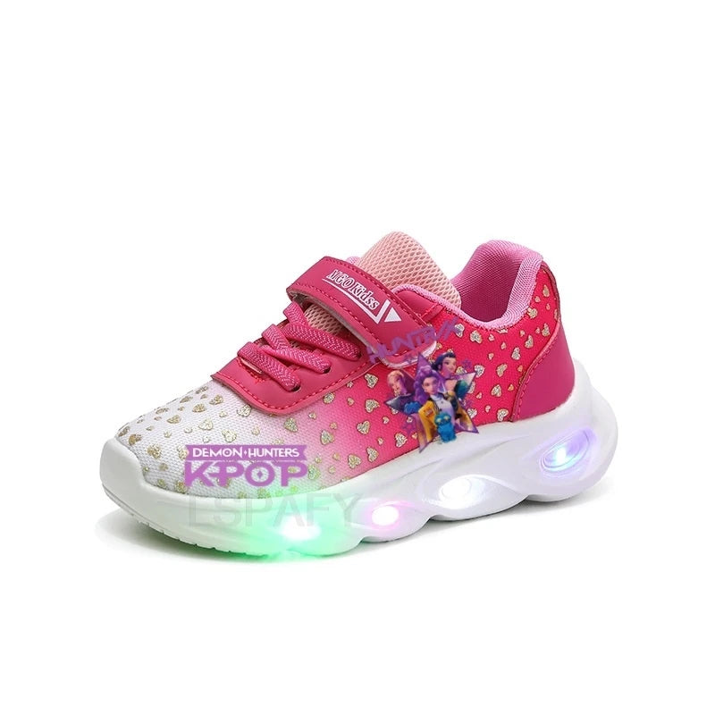 Kpop Demon Hunter Kids'Casual Shoes Girls Led Light Cartoon Fashion Sport Flat Bottom Shoes Breathable Purple Pink