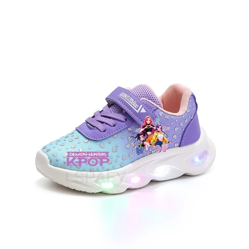 Kpop Demon Hunter Kids'Casual Shoes Girls Led Light Cartoon Fashion Sport Flat Bottom Shoes Breathable Purple Pink